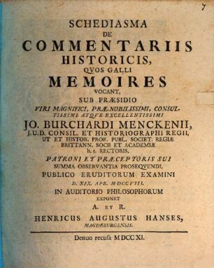 Schediasma De Commentariis Historicis, Qvos Galli Memoires Vocant