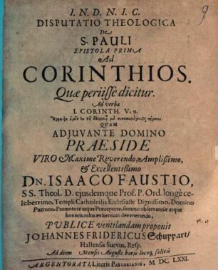 Disp. theol. de S. Pauli epistola prima ad Corinthios, quae periisse dicitur : ad verba I. Corinth. V, 9. ...