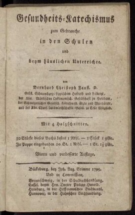 Gesundheits-Katechismus zum Gebrauche in den Schulen und beym häuslichen Unterrichte : Mit 4 Holzschnitten