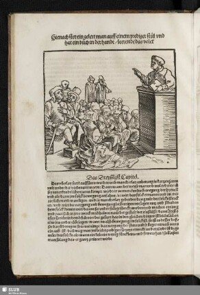 Hienach stet ein gelert man auff einem prediger stul vnd hat ein buch in der handt / leerende das volck