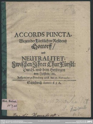 Accords-Puncta wegen der fürstlichen Residentz Gottorf, und Neutralitet
