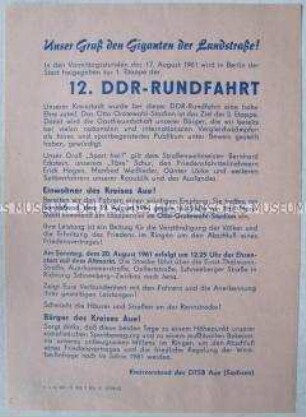 Flugblatt mit dem Aufruf zur Begrüßung der Teilnehmer der DDR-Radrundfahrt im Kreis Aue