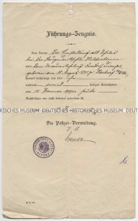Polizeiliches Führungszeugnis für den Schüler Fritz T. der Baugewerkschule Hildesheim