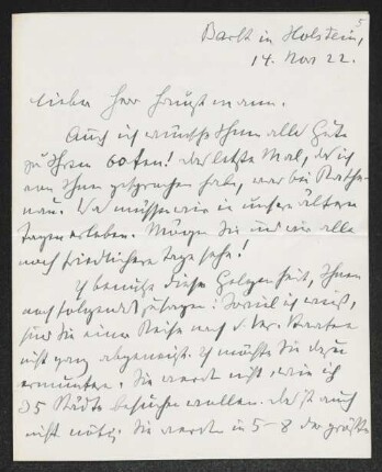Brief von Gustav Frenssen an Gerhart Hauptmann