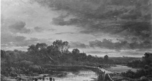 Abendlandschaft mit Steg im Vordergrund / Abendliche Flusslandschaft