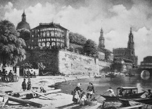 Dresden. Brühlsche Terrasse mit Schiffslandeplatz und Belvedere : Dresden, Dampfschifflandeplatz
