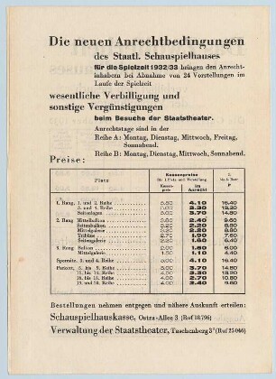 Prospekt Zwölferheft der Sächsischen Staatstheater ab 10. Oktober 1932. Rückseite: Die neuen Anrechtsbedingungen des Schauspielhauses für die Spielzeit 1932/1933. In: Programmheft Sächsische Staatstheater, Schauspielhaus Dresden. 10.10.1932. Druck; 22 x 15,8 cm. Dresden: SLUB Z.4.8