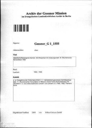 Gesellschaftsbezogene Dienste. Schriftwechsel mit Osteuropa betr. XI. Ökumenische Konsulatation