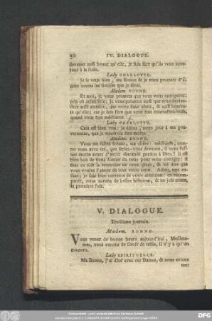 V. Dialogue. Troisième journée.
