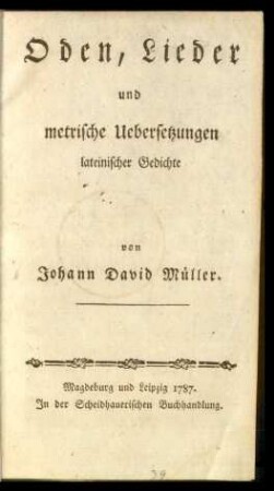 Oden, Lieder und metrische Uebersetzungen lateinischer Gedichte