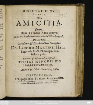 Disputatio XV. Ethica De Amicitia