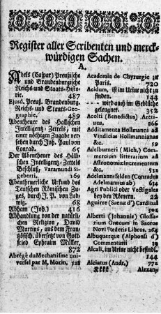 Register aller Scribenten und merckwürdigen Sachen