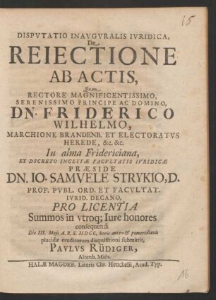 Disputatio Inauguralis Iuridica, De Reiectione Ab Actis