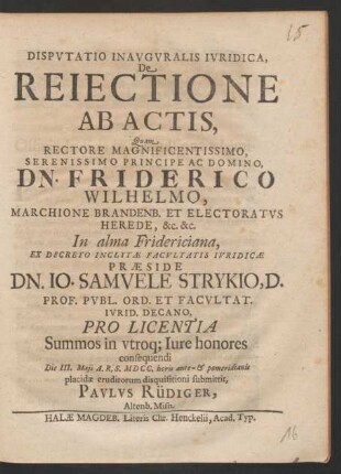 Disputatio Inauguralis Iuridica, De Reiectione Ab Actis