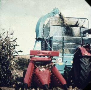 Fotografie: Ernteverfahren, Silomais, Umhängeverfahren, Feldhäcksler gezogen, Maisgebiss