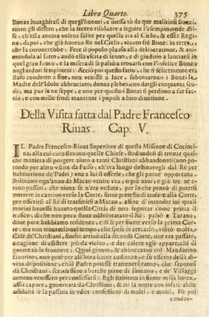 Cap. V. Della visita fatta dal Padre Francesco Riuas