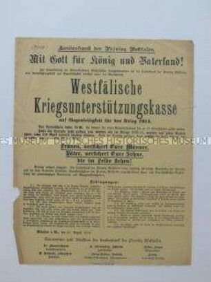 Flugblatt mit der Aufforderung zu Spenden für die Westfälische Kriegsunterstützungskasse