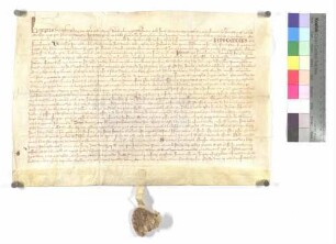 Bischof Lampert von Speyer vidimiert die von Papst Innozenz VI. am 21. April (XIV. kal. Maii) 1353 erlassene Bestätigung der Bulle Papsts Johannes XXII. über den Schutz des Augustinerordens.
