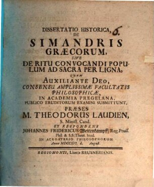 Diss. hist. de Simandris Graecorum, sive de ritu convocandi populum ad sacra per ligna