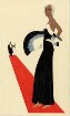 Modezeichnung: Dame im Abendkleid mit großem Fächer auf einem roten Teppich