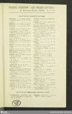 Verlagsverzeichnis Société d'édition "Les Belles-Lettres", Paris