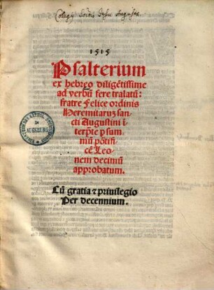 Psalterium : ex hebreo dilige[n]tissime ad verbu[m] fere tralatu[m]