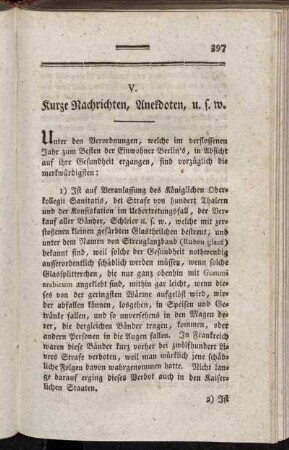V. Kurze Nachrichten, Anekdoten, u.s.w.