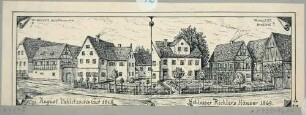 Wohnhäuser in Strehlen bei Dresden, links August Pahlitzschs Gut 1868, rechts Schlosser Richters Häuser 1869, Winklers Wohnhaus und Scheune, aus den Heimatkundeblättern "Bergblumen"
