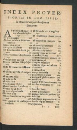 Index Proverbiorum In Hoc Libello contentorum, secundum seriem literarum.