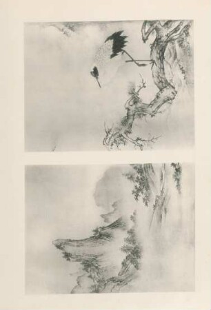 [Pl. XLVI. 1. Paysage (par Kano Motonobou) ... 2. Cigogne (par Kano Motonobou) ...]