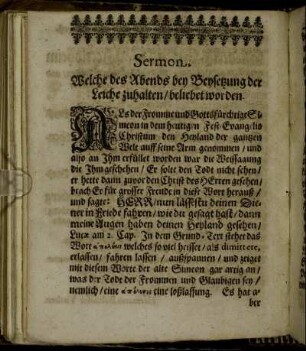 Sermon. Welche des Abends bey Beysetzung der Leiche zuhalten/ beliebet worden.