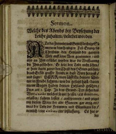 Sermon. Welche des Abends bey Beysetzung der Leiche zuhalten/ beliebet worden.