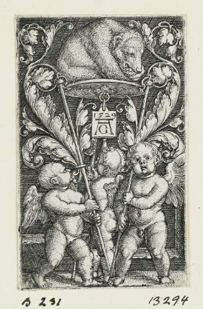 Ornament mit drei Genien und einem Bär