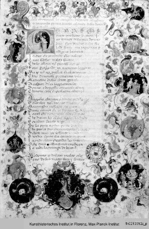 Dante Alighieri: Canzoniere : Zweispaltige Textseite mit Bordürenrahmen und historisierter Initiale D: Dichter an seinem Pult