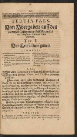Tertia Pars. Von Ubergaben auff den Todesfall/ Testamenten/ Erbfällen/ in Erb und Lehngütern/ und was denen anhengig