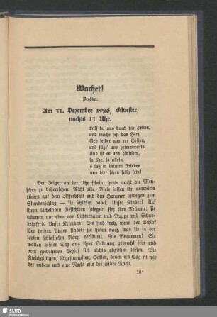 Wachet! : Predigt. Am 31. Dezember 1926, Silvester, nachts 11 Uhr
