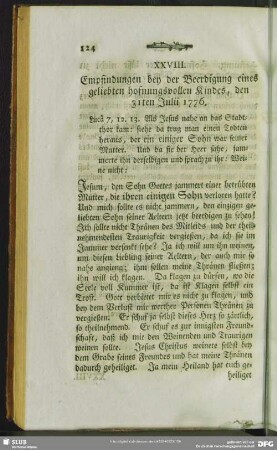 XXVIII. Empfindungen bey der Beerdigung unseres geliebten hoffnungsvollen Kindes, den 31ten Julii 1776