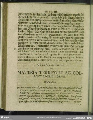 Observatio VI. De Materia Terrestri Ac Coelesti Sacrae Coenae
