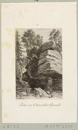 Im Zscherregrund östlich des Uttewalder Grundes nördlich von Wehlen in der Sächsischen Schweiz, Blatt aus Brückners Pitoreskischen Reisen um 1800