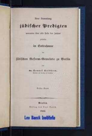 Neue Sammlung jüdischer Predigten, worunter über alle Feste des Jahres