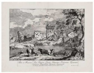 Italienische Landschaft mit Kühen im Vordergrund, Bl. 1 der Folge "Varia Marci Ricci pictoris praestantissimi experimenta"