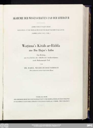 Waṯīma's Kitāb ar-Ridda aus Ibn Ḥaǧar's Iṣāba : ein Beitrag zur Geschichte des Abfalls der Araberstämme nach Muhammads Tod