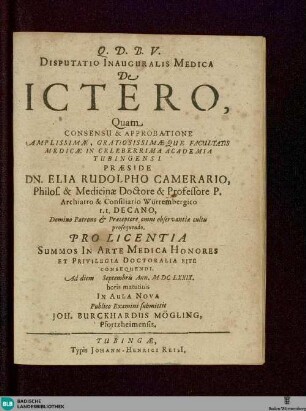 Disputatio Inauguralis Medica De Ictero : Ad diem Septembris Ann. M DC LXXIX. horis matutinis
