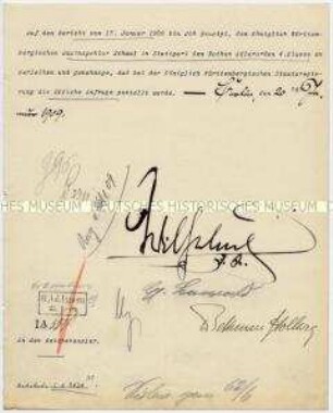 Brief mit eigenhändiger Unterschrift des Kaisers Wilhelm über die Verleihung des Roten-Adler-Ordens an den Bauinspektor Schaal