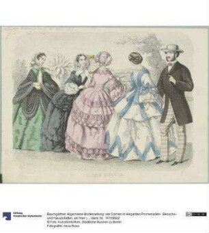 Allgemeine Modenzeitung: vier Damen in eleganten Promenaden-, Besuchs- und Haustoiletten, ein Herr in karierten Hosen