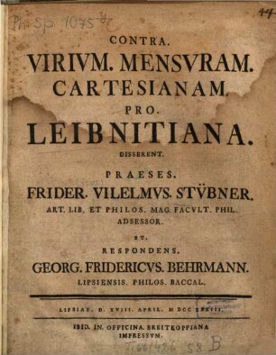 Contra. Virium. Mensuram. Cartesianam. Pro. Leibnitiana