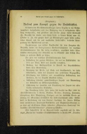 Aufruf zum Kampf gegen die Unsittlichkeit