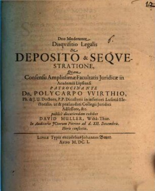 Disquisitio legalis de deposito et sequestratione