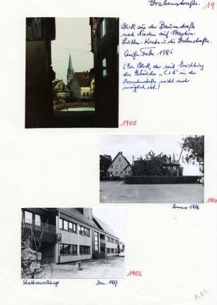 Grabenstraße. - Blick aus der Baumstraße nach Norden anf Martin-Luther-Kirche in die Grabenstraße (1981). - Stadtverwaltung (1977)