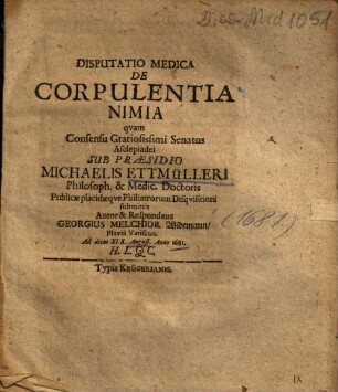 Disputatio Medica De Corpulentia Nimia